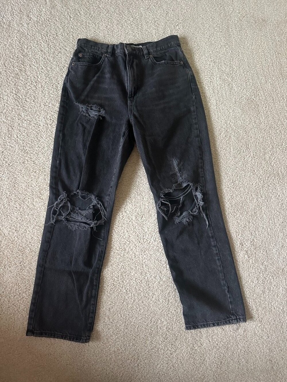 Garage Denim Vintage Straight Black Jeans with Heavy Knee Rips